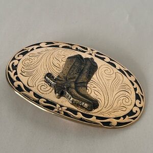 Western Cowboy Embossed Boot Brass Tone Belt Buckle - Gold and Black